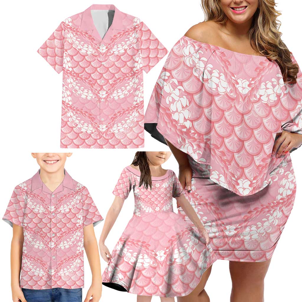 Soft Pink Mermaid Puakenikeni Maile Lei Family Matching Off Shoulder Short Dress and Hawaiian Shirt LT01 - Polynesian Pride