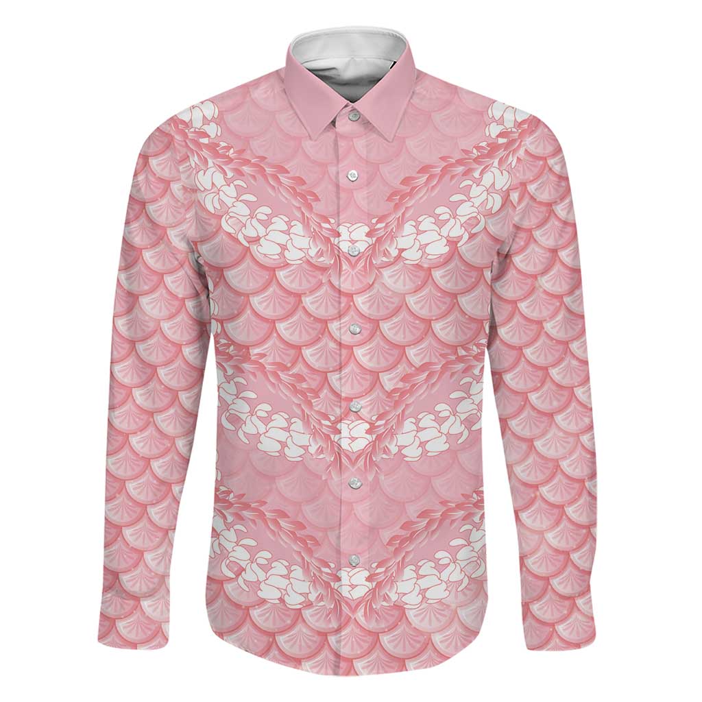 Soft Pink Mermaid Puakenikeni Maile Lei Family Matching Off Shoulder Short Dress and Hawaiian Shirt LT01 Dad's Shirt - Long Sleeve Pink - Polynesian Pride