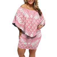 Soft Pink Mermaid Puakenikeni Maile Lei Family Matching Off Shoulder Short Dress and Hawaiian Shirt LT01 Mom's Dress Pink - Polynesian Pride
