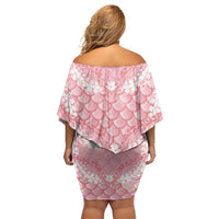 Soft Pink Mermaid Puakenikeni Maile Lei Family Matching Off Shoulder Short Dress and Hawaiian Shirt LT01 - Polynesian Pride