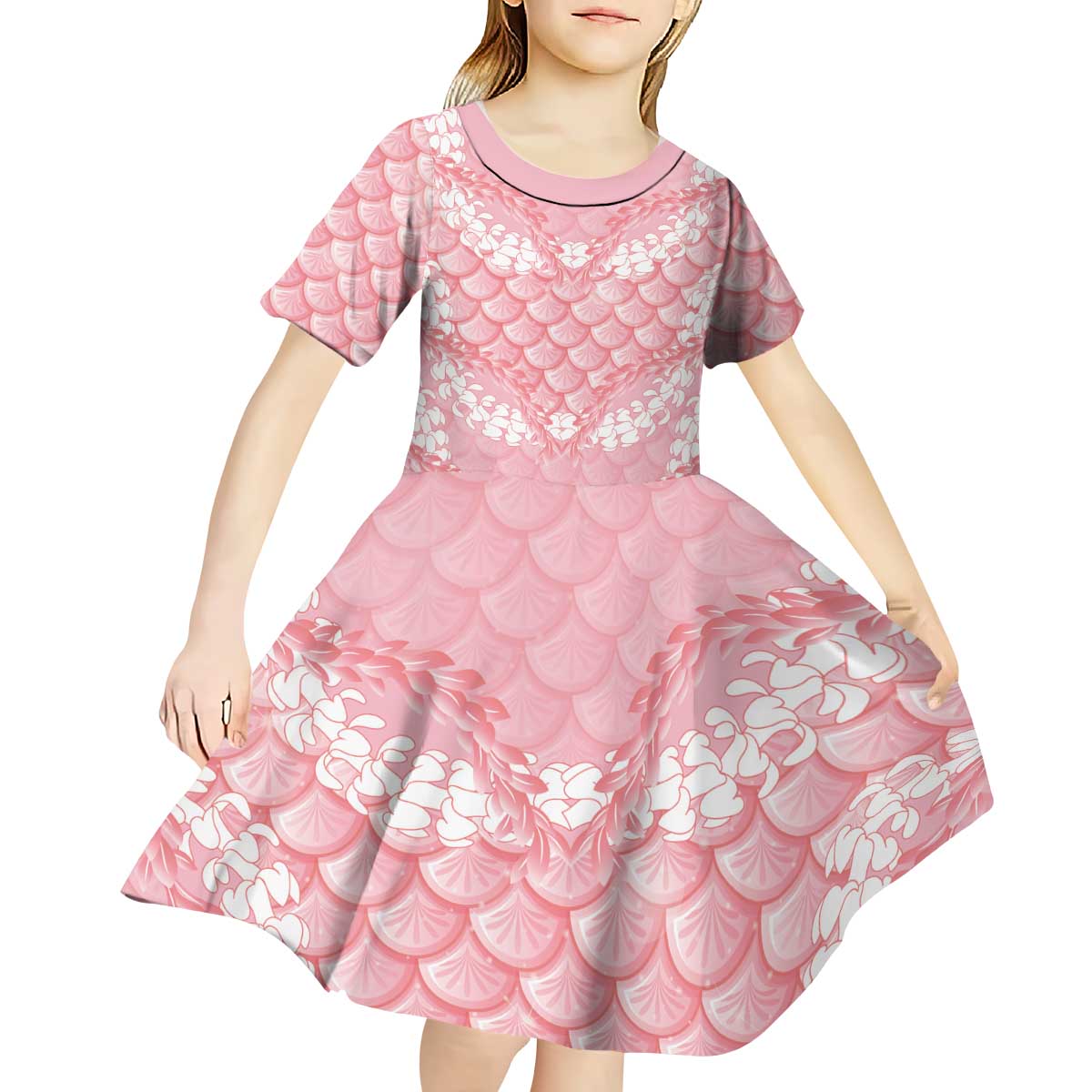Soft Pink Mermaid Puakenikeni Maile Lei Kid Short Sleeve Dress