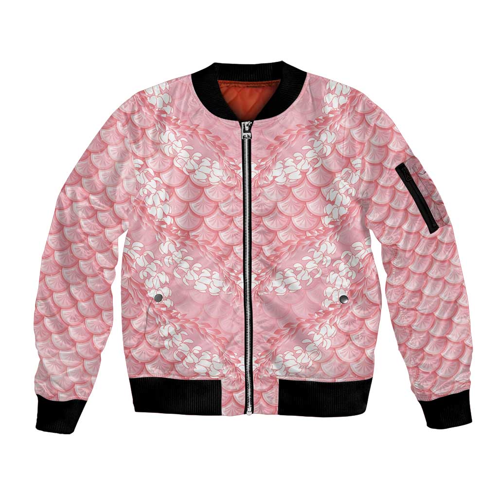 Soft Pink Mermaid Puakenikeni Maile Lei Sleeve Zip Bomber Jacket