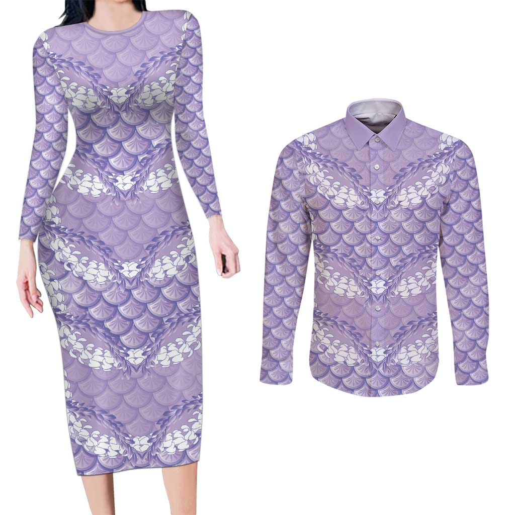 Lilac Mermaid Puakenikeni Maile Lei Couples Matching Long Sleeve Bodycon Dress and Long Sleeve Button Shirt LT01 Purple - Polynesian Pride