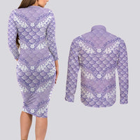 Lilac Mermaid Puakenikeni Maile Lei Couples Matching Long Sleeve Bodycon Dress and Long Sleeve Button Shirt LT01 - Polynesian Pride