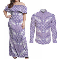 Lilac Mermaid Puakenikeni Maile Lei Couples Matching Off Shoulder Maxi Dress and Long Sleeve Button Shirt
