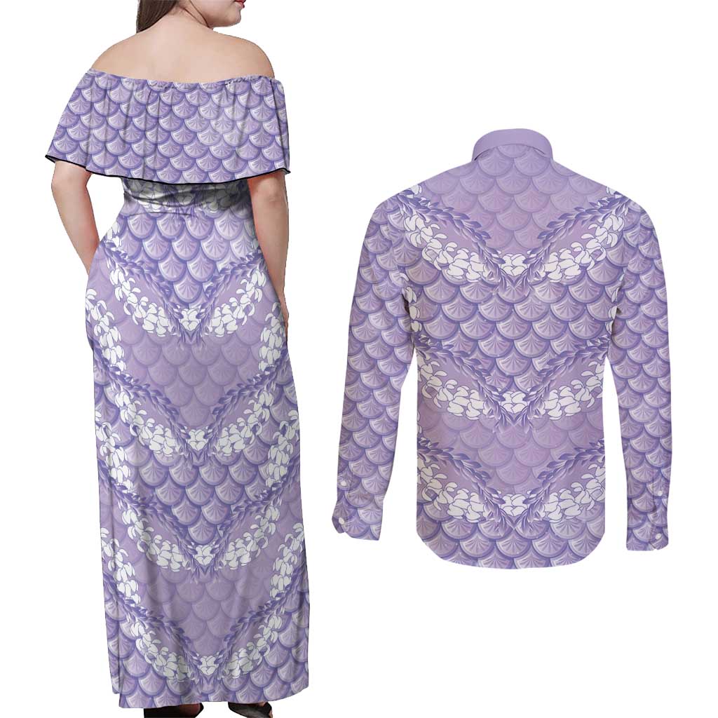 Lilac Mermaid Puakenikeni Maile Lei Couples Matching Off Shoulder Maxi Dress and Long Sleeve Button Shirt