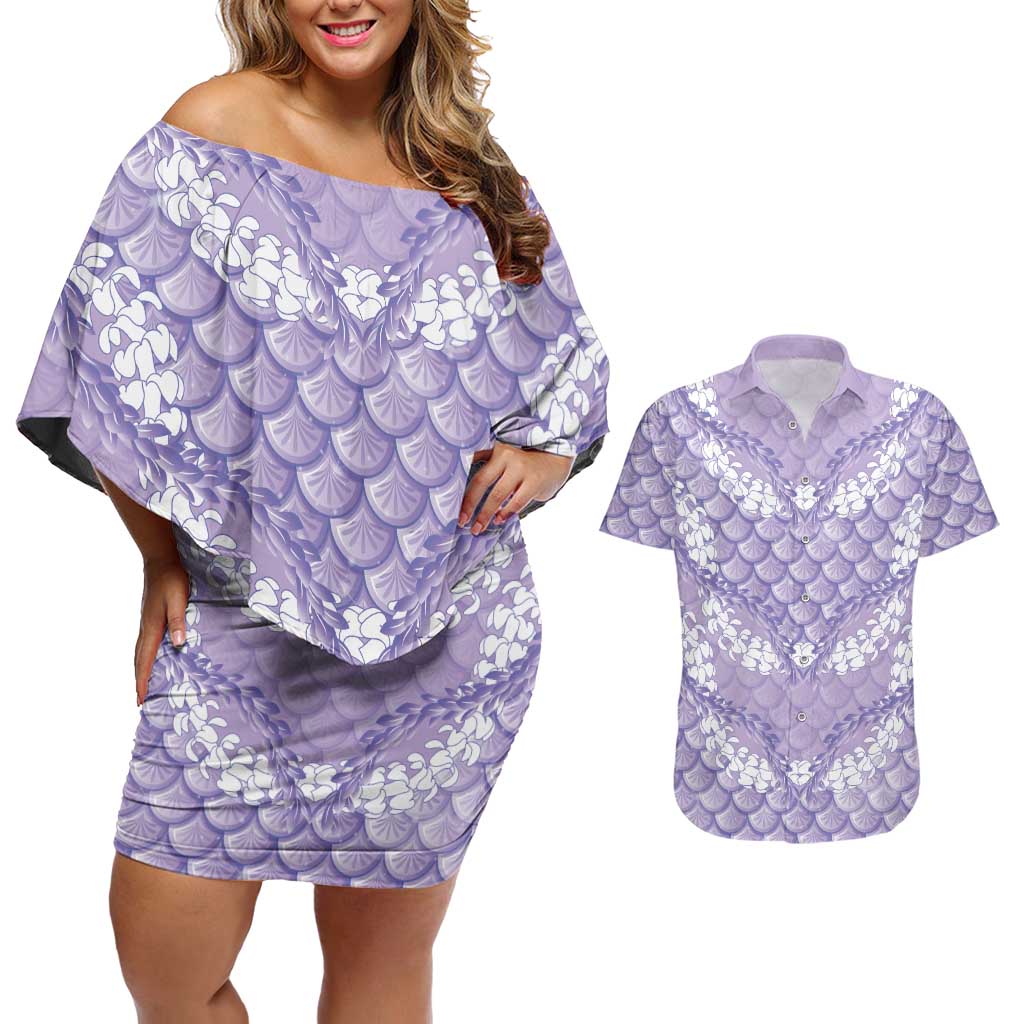 Lilac Mermaid Puakenikeni Maile Lei Couples Matching Off Shoulder Short Dress and Hawaiian Shirt