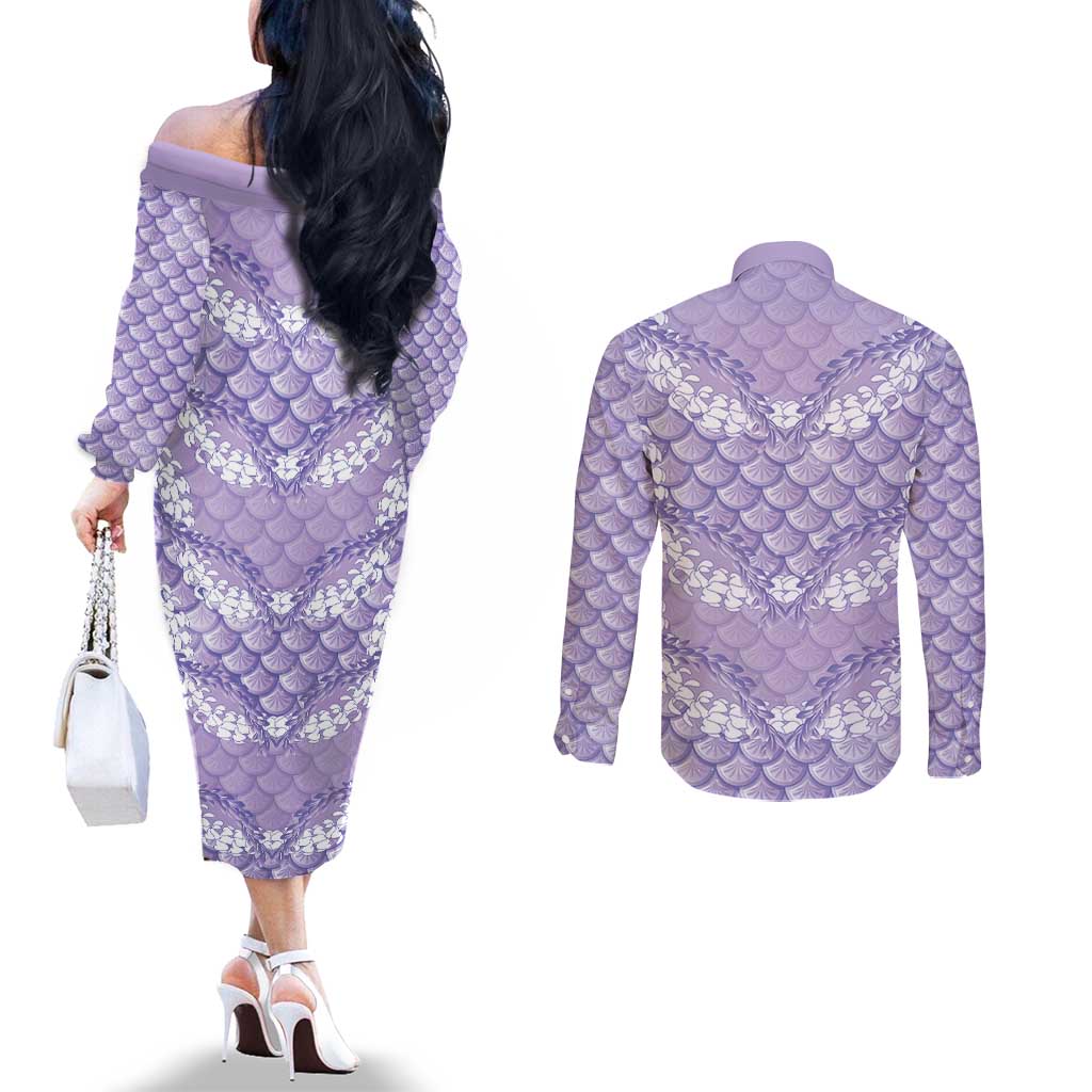 Lilac Mermaid Puakenikeni Maile Lei Couples Matching Off The Shoulder Long Sleeve Dress and Long Sleeve Button Shirt LT01 - Polynesian Pride