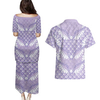 Lilac Mermaid Puakenikeni Maile Lei Couples Matching Puletasi and Hawaiian Shirt