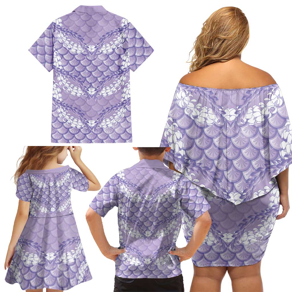 Lilac Mermaid Puakenikeni Maile Lei Family Matching Off Shoulder Short Dress and Hawaiian Shirt LT01 - Polynesian Pride