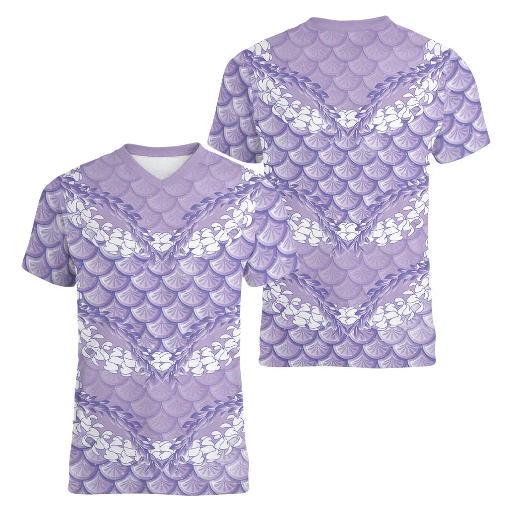 Lilac Mermaid Puakenikeni Maile Lei Women V-Neck T-Shirt