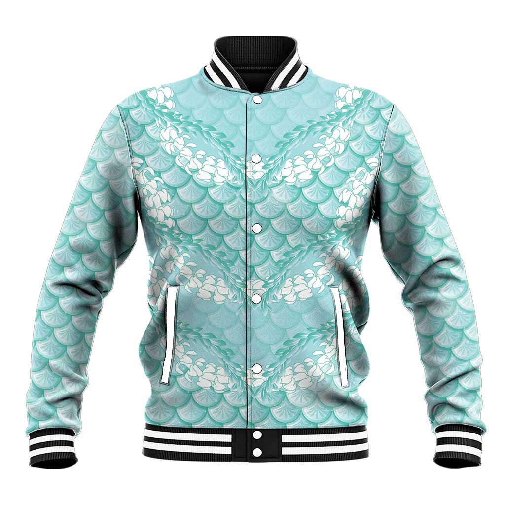 Light Turquoise Mermaid Puakenikeni Maile Lei Baseball Jacket LT01 Unisex Turquoise - Polynesian Pride