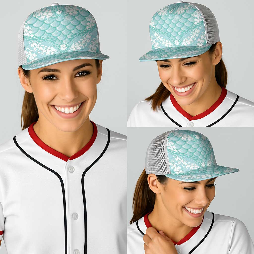 Light Turquoise Mermaid Puakenikeni Maile Lei Baseball Net Cap