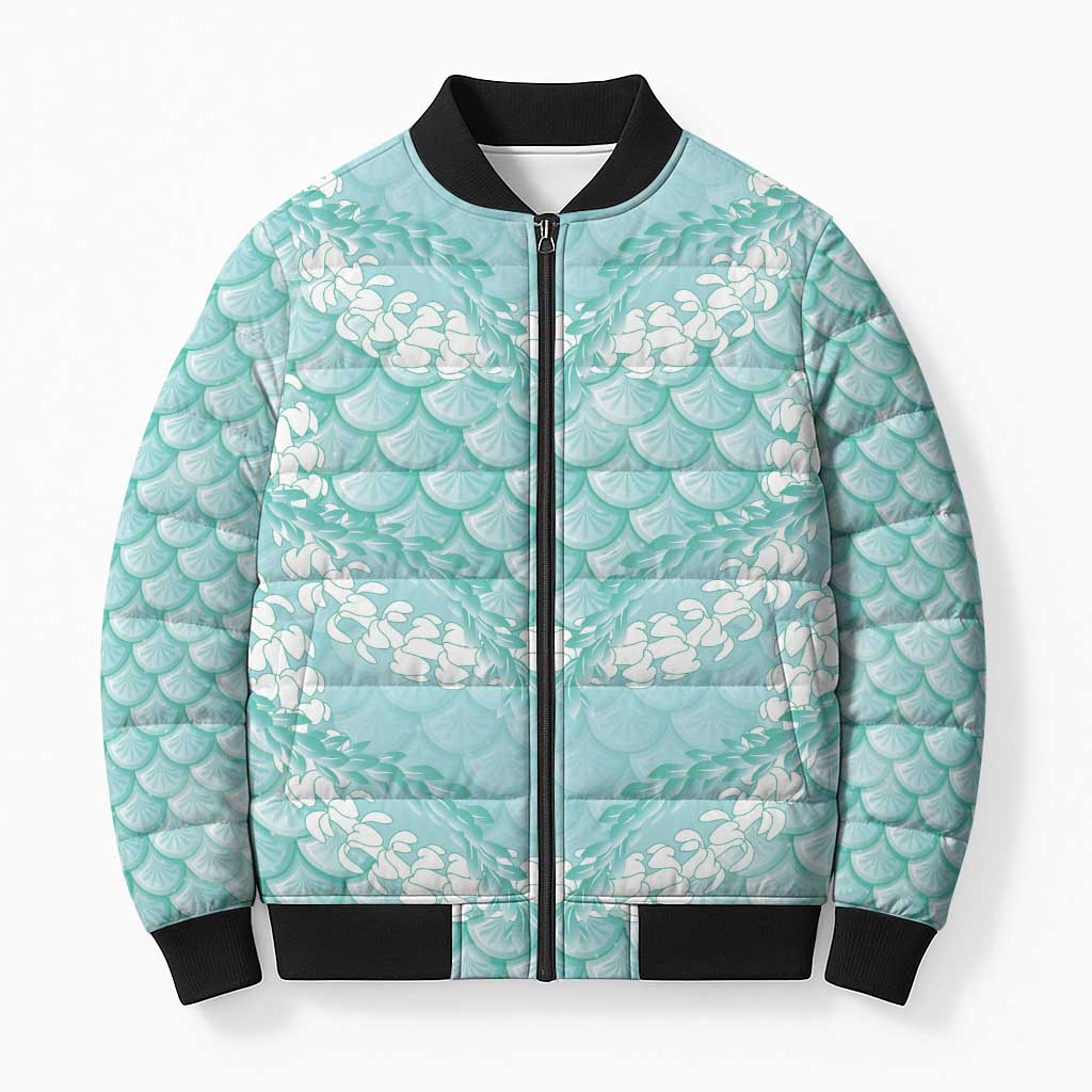 Light Turquoise Mermaid Puakenikeni Maile Lei Bomber Puffer Jacket LT01 Unisex Turquoise - Polynesian Pride