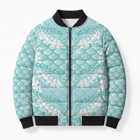 Light Turquoise Mermaid Puakenikeni Maile Lei Bomber Puffer Jacket LT01 Unisex Turquoise - Polynesian Pride