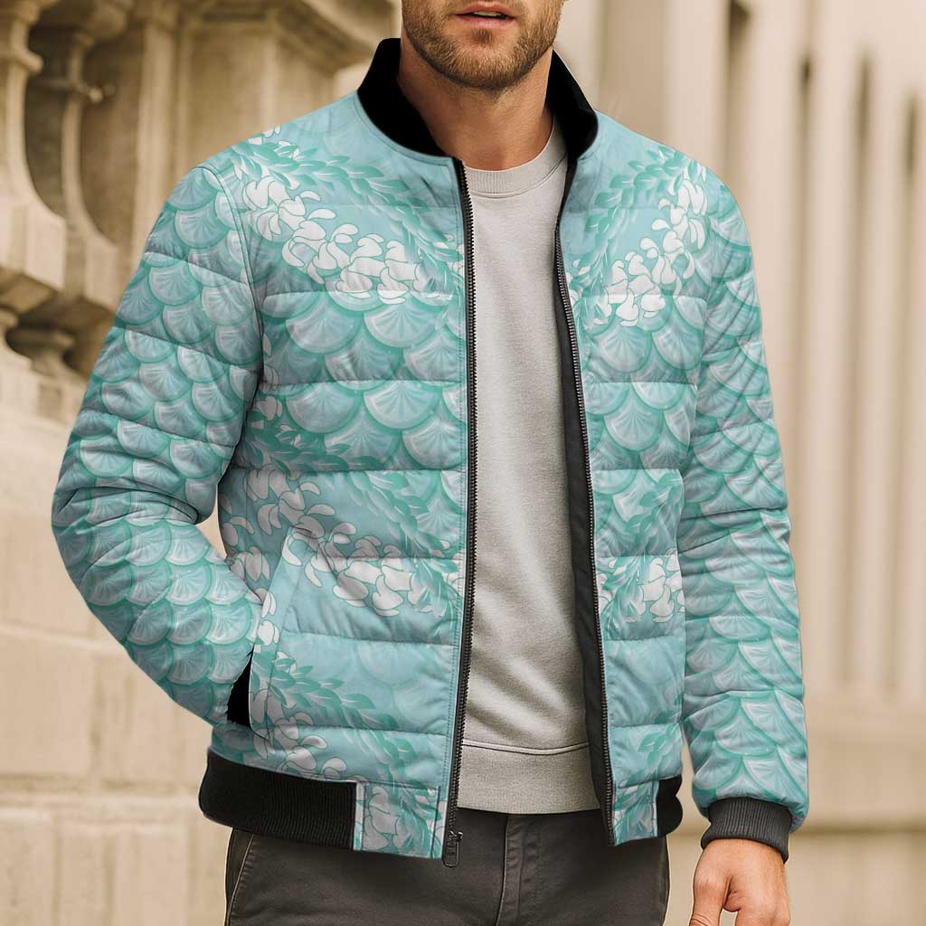 Light Turquoise Mermaid Puakenikeni Maile Lei Bomber Puffer Jacket LT01 - Polynesian Pride