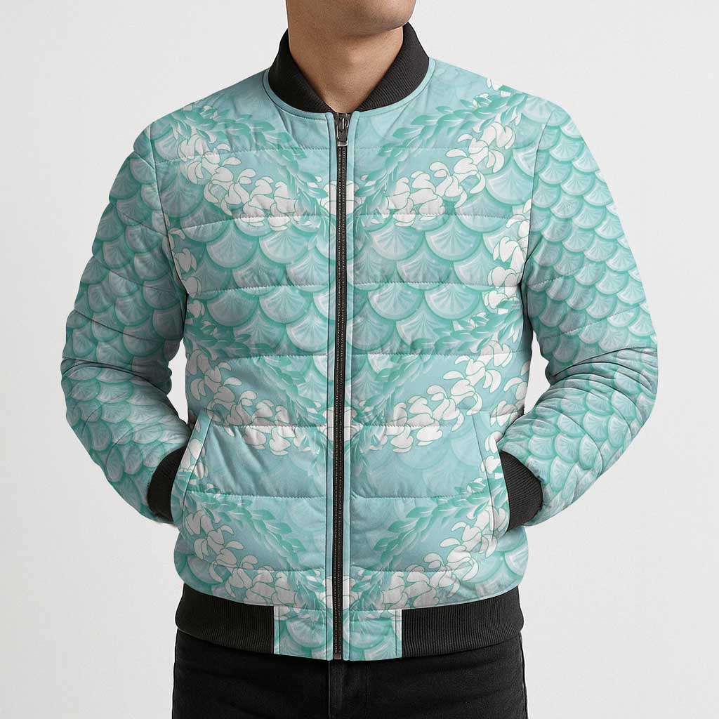 Light Turquoise Mermaid Puakenikeni Maile Lei Bomber Puffer Jacket LT01 - Polynesian Pride