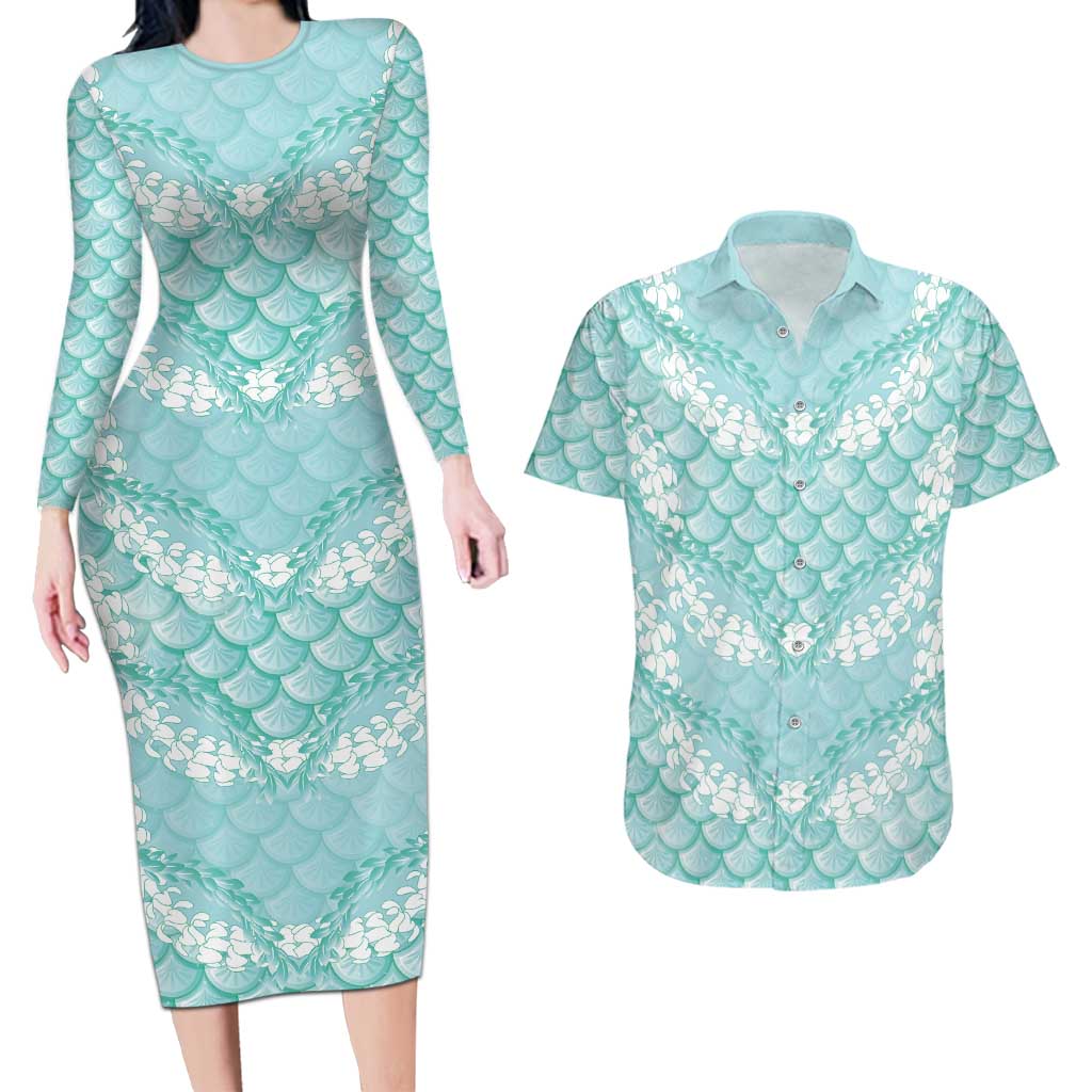 Light Turquoise Mermaid Puakenikeni Maile Lei Couples Matching Long Sleeve Bodycon Dress and Hawaiian Shirt