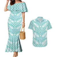 Light Turquoise Mermaid Puakenikeni Maile Lei Couples Matching Mermaid Dress and Hawaiian Shirt LT01 Turquoise - Polynesian Pride