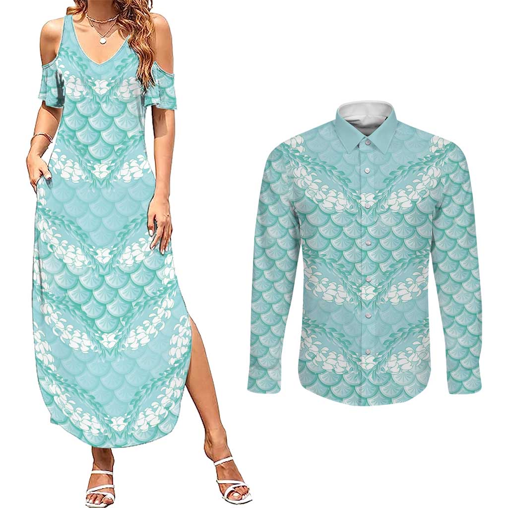 Light Turquoise Mermaid Puakenikeni Maile Lei Couples Matching Summer Maxi Dress and Long Sleeve Button Shirt LT01 Turquoise - Polynesian Pride