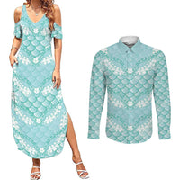 Light Turquoise Mermaid Puakenikeni Maile Lei Couples Matching Summer Maxi Dress and Long Sleeve Button Shirt LT01 Turquoise - Polynesian Pride