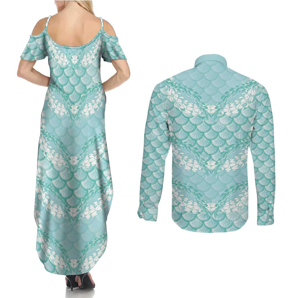 Light Turquoise Mermaid Puakenikeni Maile Lei Couples Matching Summer Maxi Dress and Long Sleeve Button Shirt LT01 - Polynesian Pride