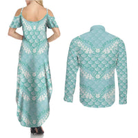Light Turquoise Mermaid Puakenikeni Maile Lei Couples Matching Summer Maxi Dress and Long Sleeve Button Shirt LT01 - Polynesian Pride