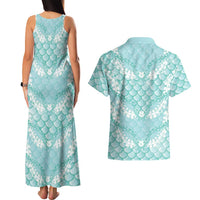 Light Turquoise Mermaid Puakenikeni Maile Lei Couples Matching Tank Maxi Dress and Hawaiian Shirt LT01 - Polynesian Pride