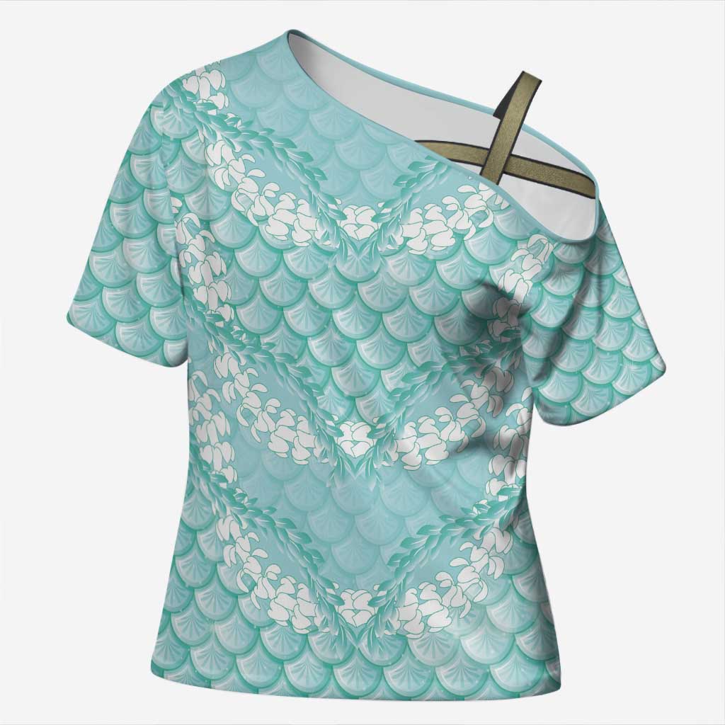 Light Turquoise Mermaid Puakenikeni Maile Lei Cross Shoulder Shirt LT01 Female Turquoise - Polynesian Pride