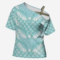 Light Turquoise Mermaid Puakenikeni Maile Lei Cross Shoulder Shirt LT01 Female Turquoise - Polynesian Pride