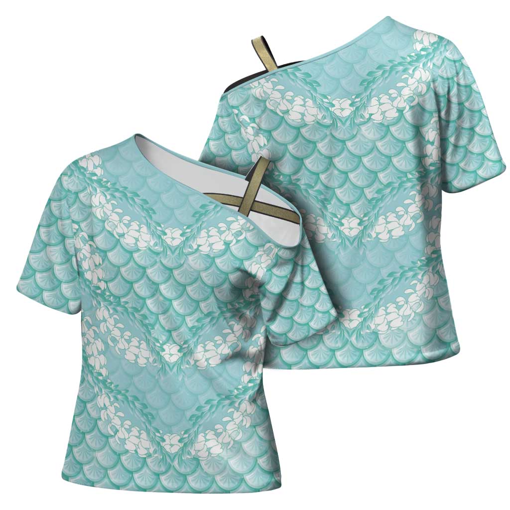 Light Turquoise Mermaid Puakenikeni Maile Lei Cross Shoulder Shirt LT01 - Polynesian Pride