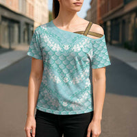 Light Turquoise Mermaid Puakenikeni Maile Lei Cross Shoulder Shirt LT01 - Polynesian Pride