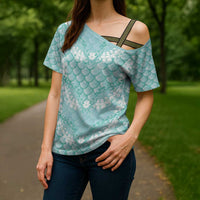 Light Turquoise Mermaid Puakenikeni Maile Lei Cross Shoulder Shirt LT01 - Polynesian Pride