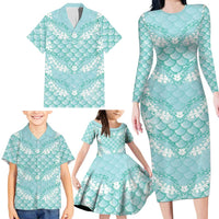 Light Turquoise Mermaid Puakenikeni Maile Lei Family Matching Long Sleeve Bodycon Dress and Hawaiian Shirt LT01 - Polynesian Pride