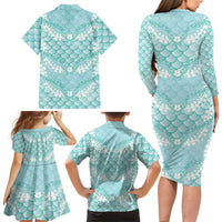 Light Turquoise Mermaid Puakenikeni Maile Lei Family Matching Long Sleeve Bodycon Dress and Hawaiian Shirt LT01 - Polynesian Pride
