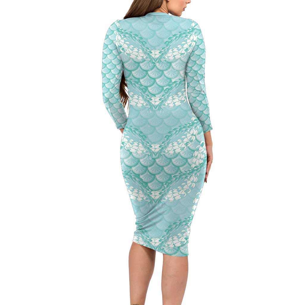 Light Turquoise Mermaid Puakenikeni Maile Lei Family Matching Long Sleeve Bodycon Dress and Hawaiian Shirt LT01 - Polynesian Pride