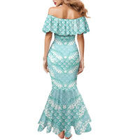 Light Turquoise Mermaid Puakenikeni Maile Lei Family Matching Mermaid Dress and Hawaiian Shirt LT01 - Polynesian Pride