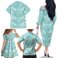 Light Turquoise Mermaid Puakenikeni Maile Lei Family Matching Off The Shoulder Long Sleeve Dress and Hawaiian Shirt LT01 - Polynesian Pride