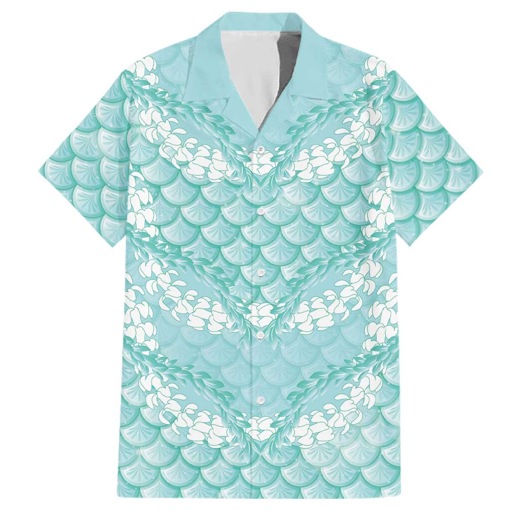 Light Turquoise Mermaid Puakenikeni Maile Lei Family Matching Off The Shoulder Long Sleeve Dress and Hawaiian Shirt LT01 Dad's Shirt - Short Sleeve Turquoise - Polynesian Pride