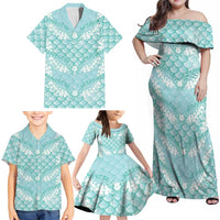 Light Turquoise Mermaid Puakenikeni Maile Lei Family Matching Off Shoulder Maxi Dress and Hawaiian Shirt LT01 - Polynesian Pride