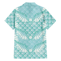 Light Turquoise Mermaid Puakenikeni Maile Lei Family Matching Off Shoulder Maxi Dress and Hawaiian Shirt LT01 - Polynesian Pride