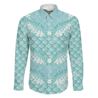 Light Turquoise Mermaid Puakenikeni Maile Lei Family Matching Off Shoulder Maxi Dress and Hawaiian Shirt LT01 Dad's Shirt - Long Sleeve Turquoise - Polynesian Pride