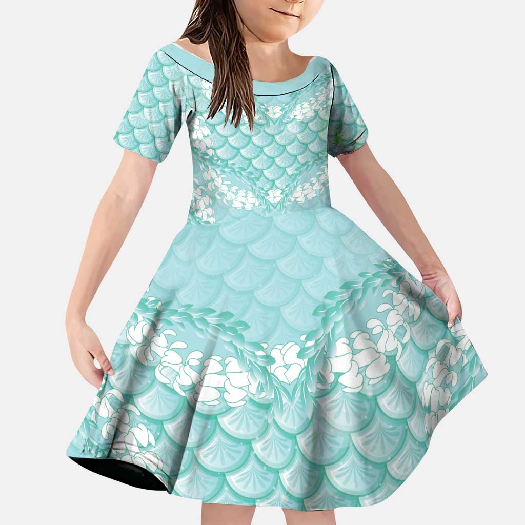 Light Turquoise Mermaid Puakenikeni Maile Lei Family Matching Off Shoulder Short Dress and Hawaiian Shirt LT01 Daughter's Dress Turquoise - Polynesian Pride