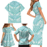 Light Turquoise Mermaid Puakenikeni Maile Lei Family Matching Short Sleeve Bodycon Dress and Hawaiian Shirt LT01 - Polynesian Pride