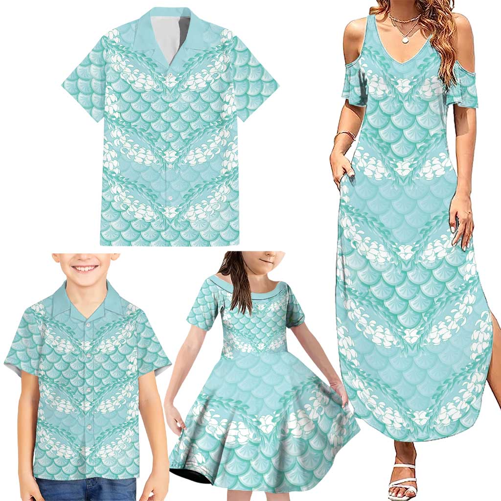 Light Turquoise Mermaid Puakenikeni Maile Lei Family Matching Summer Maxi Dress and Hawaiian Shirt LT01 - Polynesian Pride