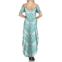 Light Turquoise Mermaid Puakenikeni Maile Lei Family Matching Summer Maxi Dress and Hawaiian Shirt LT01 - Polynesian Pride