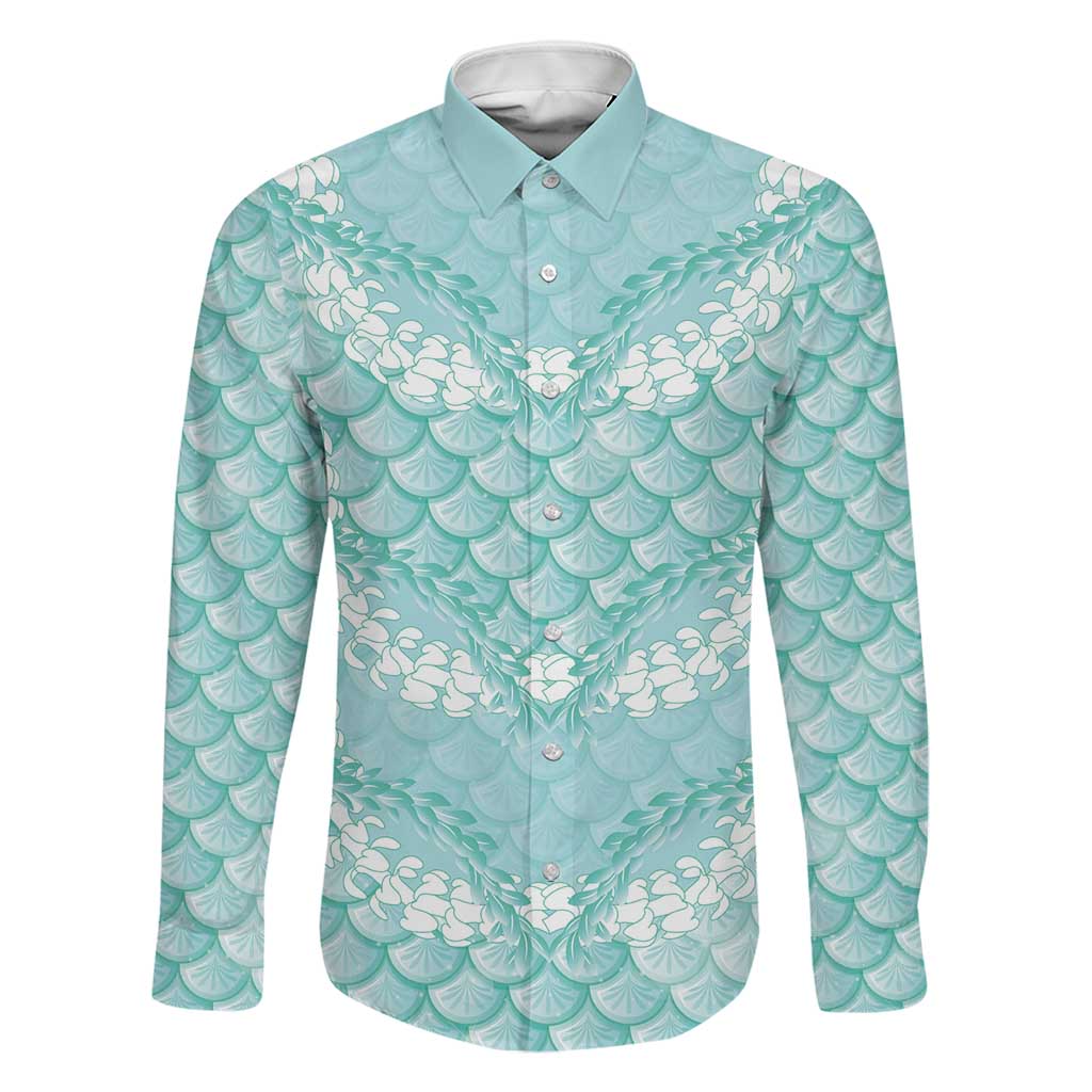 Light Turquoise Mermaid Puakenikeni Maile Lei Family Matching Tank Maxi Dress and Hawaiian Shirt LT01 Dad's Shirt - Long Sleeve Turquoise - Polynesian Pride