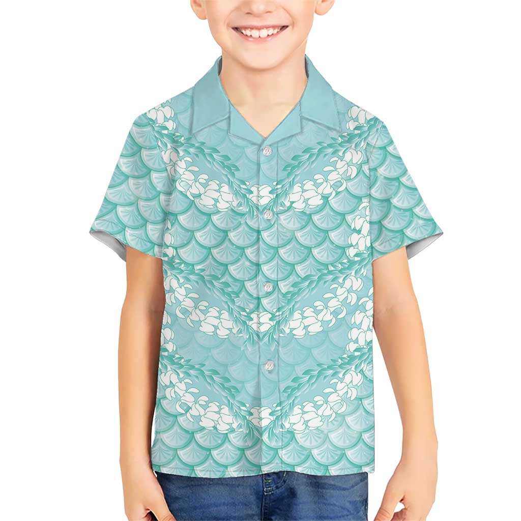 Light Turquoise Mermaid Puakenikeni Maile Lei Family Matching Tank Maxi Dress and Hawaiian Shirt LT01 Son's Shirt Turquoise - Polynesian Pride