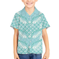 Light Turquoise Mermaid Puakenikeni Maile Lei Family Matching Tank Maxi Dress and Hawaiian Shirt LT01 Son's Shirt Turquoise - Polynesian Pride