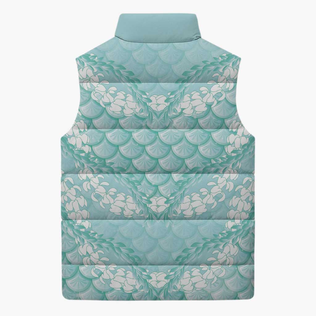 Light Turquoise Mermaid Puakenikeni Maile Lei Sleeveless Puffer Jacket